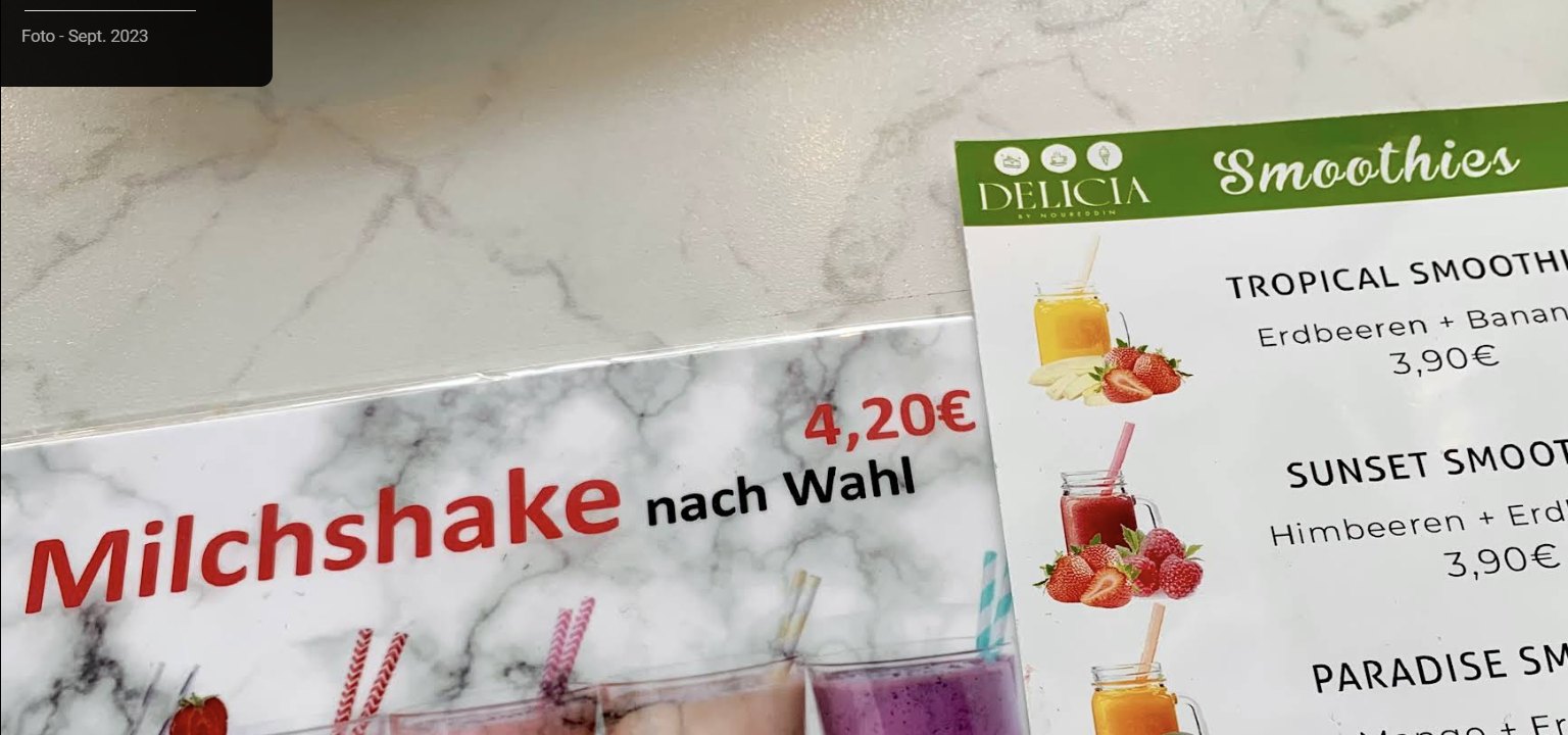 Milchshake Karte im Delicia Eiscafe