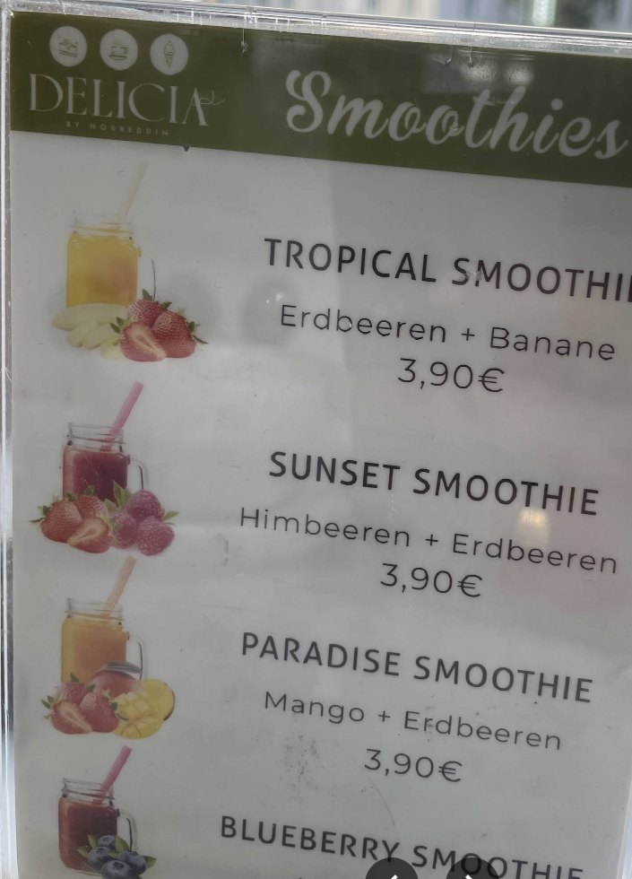 Smoothie Karte im Delicia Eiscafe
